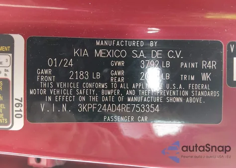 2024 Kia Forte Lxs из США, поврежденный, VIN 3KPF24AD4RE753354